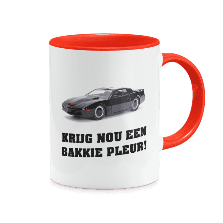 Gepersonaliseerde mok met de tekst: 'Krijg nou een bakkie pleur!' gepersonaliseerde-mok-rood