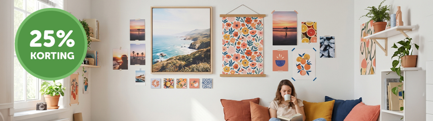 25% korting op alle wanddecoratie en foto afdrukken